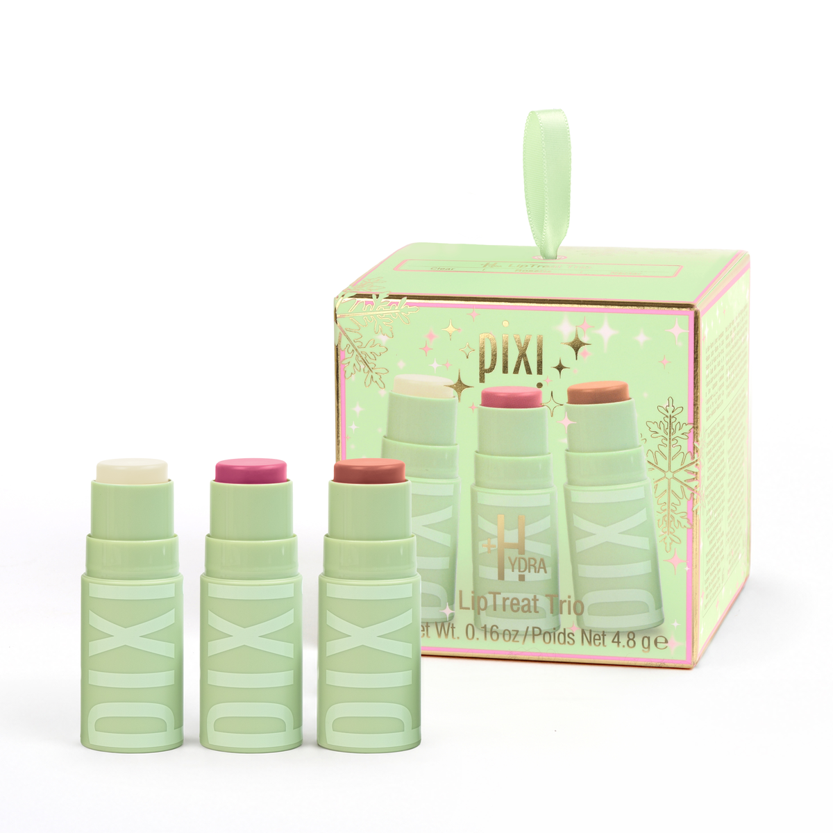 Pixi Hydra Lip Treat Trio set with three lip balm tubes in front of their light green and pink packaging box on a white background.