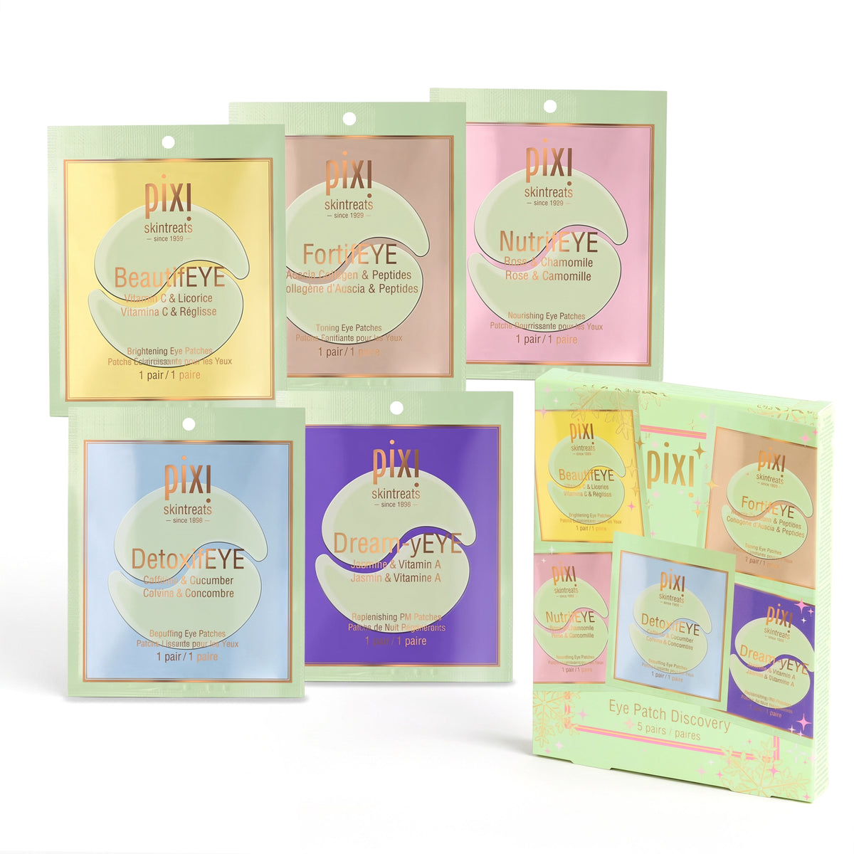 5 small skincare sachets in pastel-colored packaging arranged around a matching product box on a white background. The visible brand text reads PIXI+ skincare.