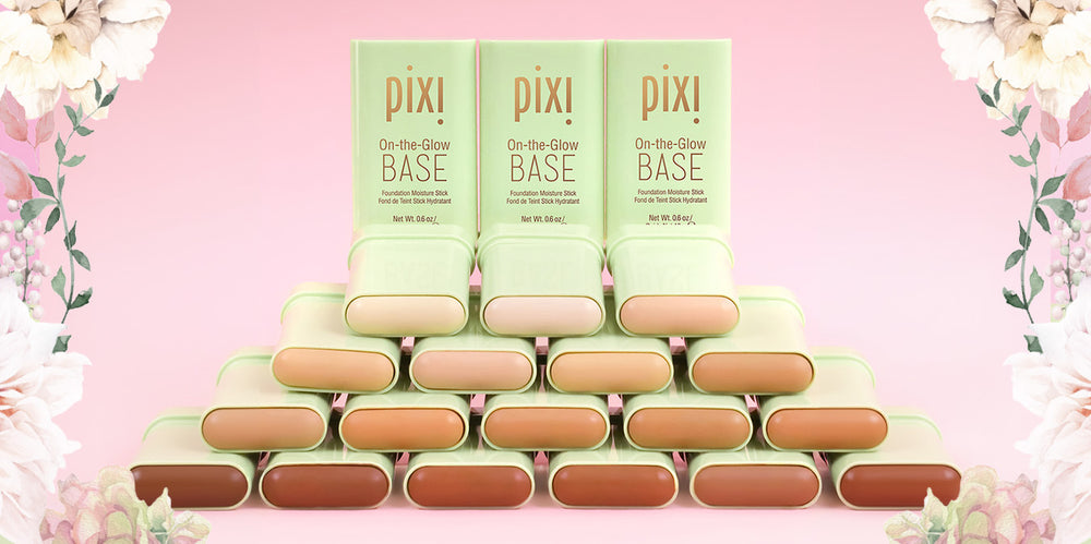 On-the-Glow Base in all shades on a pink background