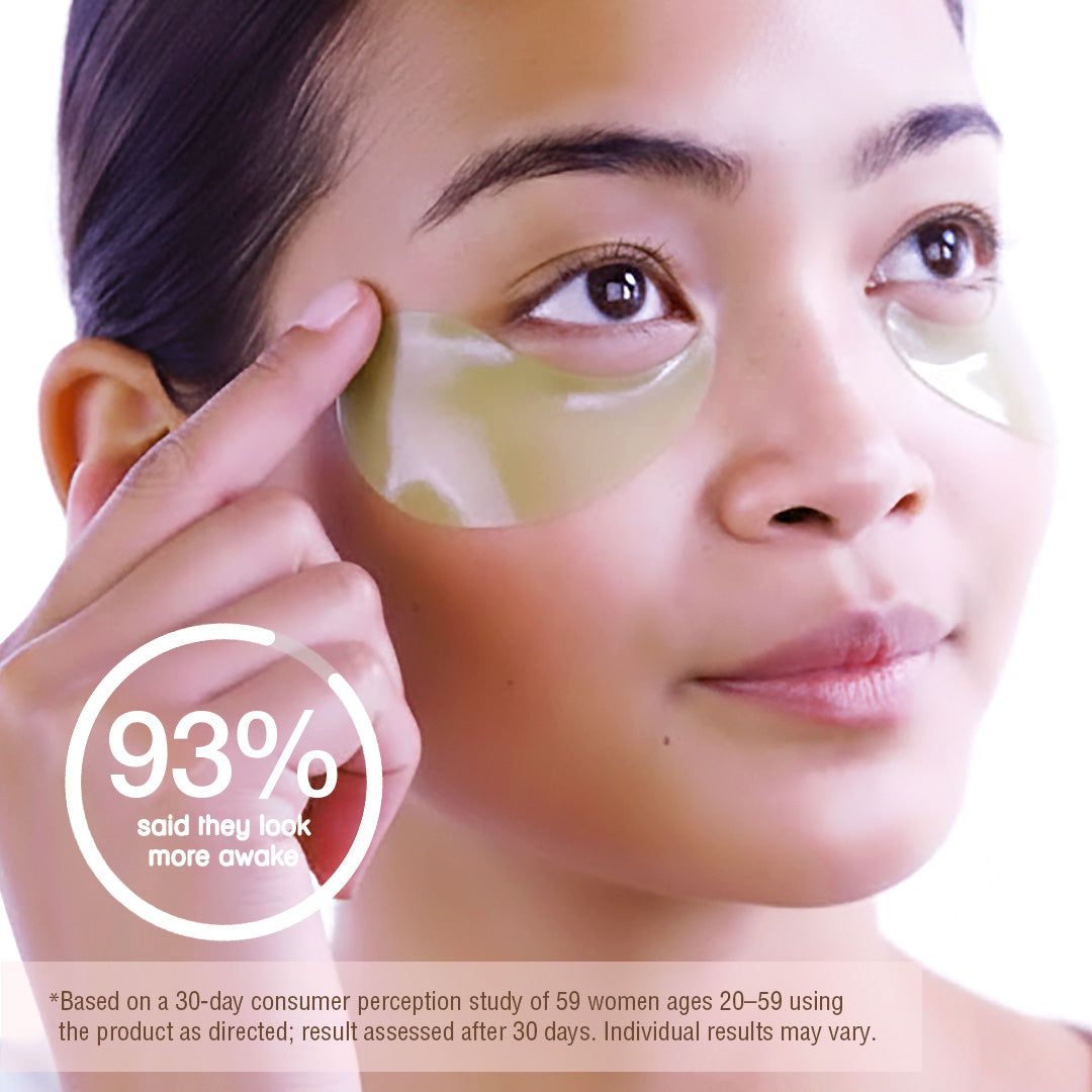 A close-up of a woman applying or wearing pale yellow under-eye gel patches, with a hand touching one patch. A circular badge reads '93% said they look more awake' and there is small disclaimer text at the bottom. *Based on a 30-day consumer perception study of 59 women ages 20-59 using the product as directed; result assessed after 30 days. Individual results may vary.