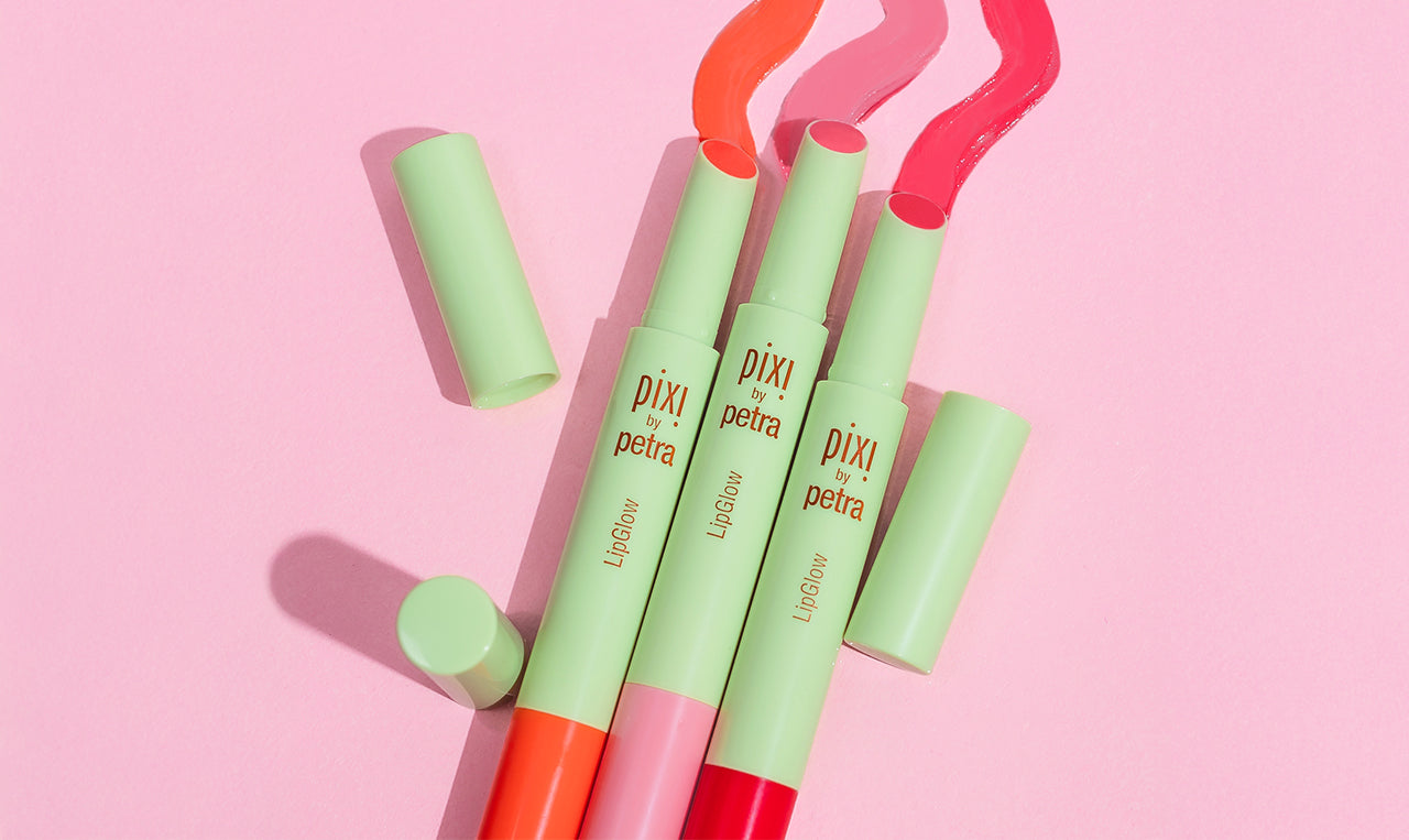 LipGlow shades shown on a pink background