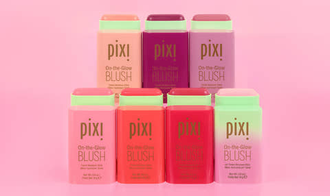 On-the-Glow BLUSH all shades shown on a pink background