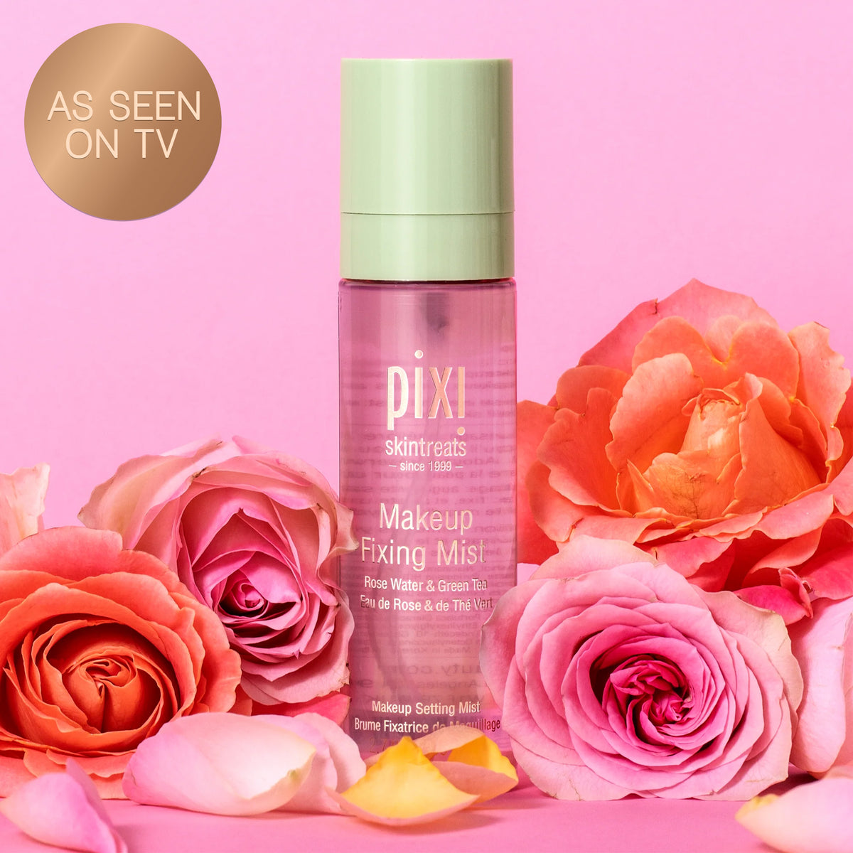 Makeup Fixing Mist on a pink background with roses and an "As Seen on TV" sticker