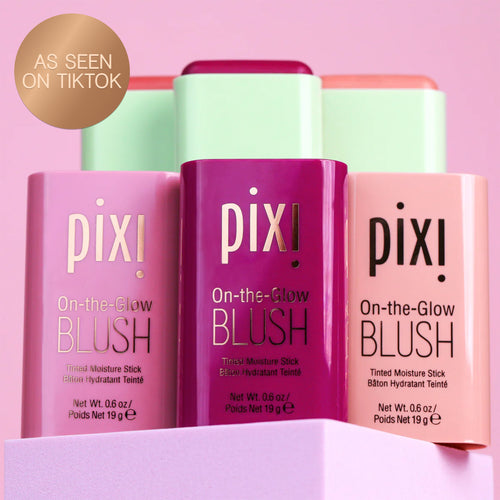 New Shades of On-the-Glow BLUSH on a pink background with As Seen on TikTok sticker
