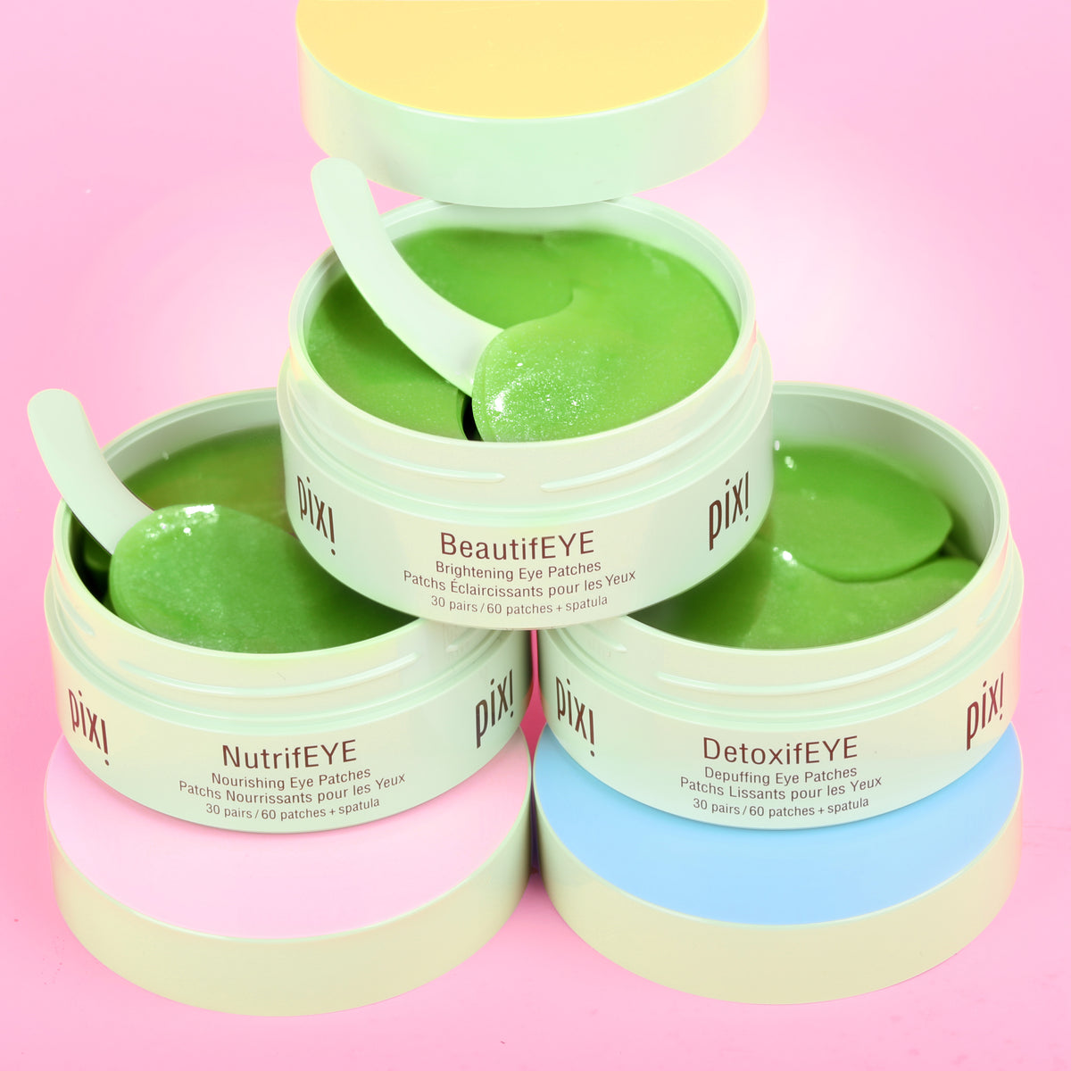 Eye Patch Best Sellers Trio featuring NurtifEYE, BeautifEYE and DetoxifEYE on a pink background -