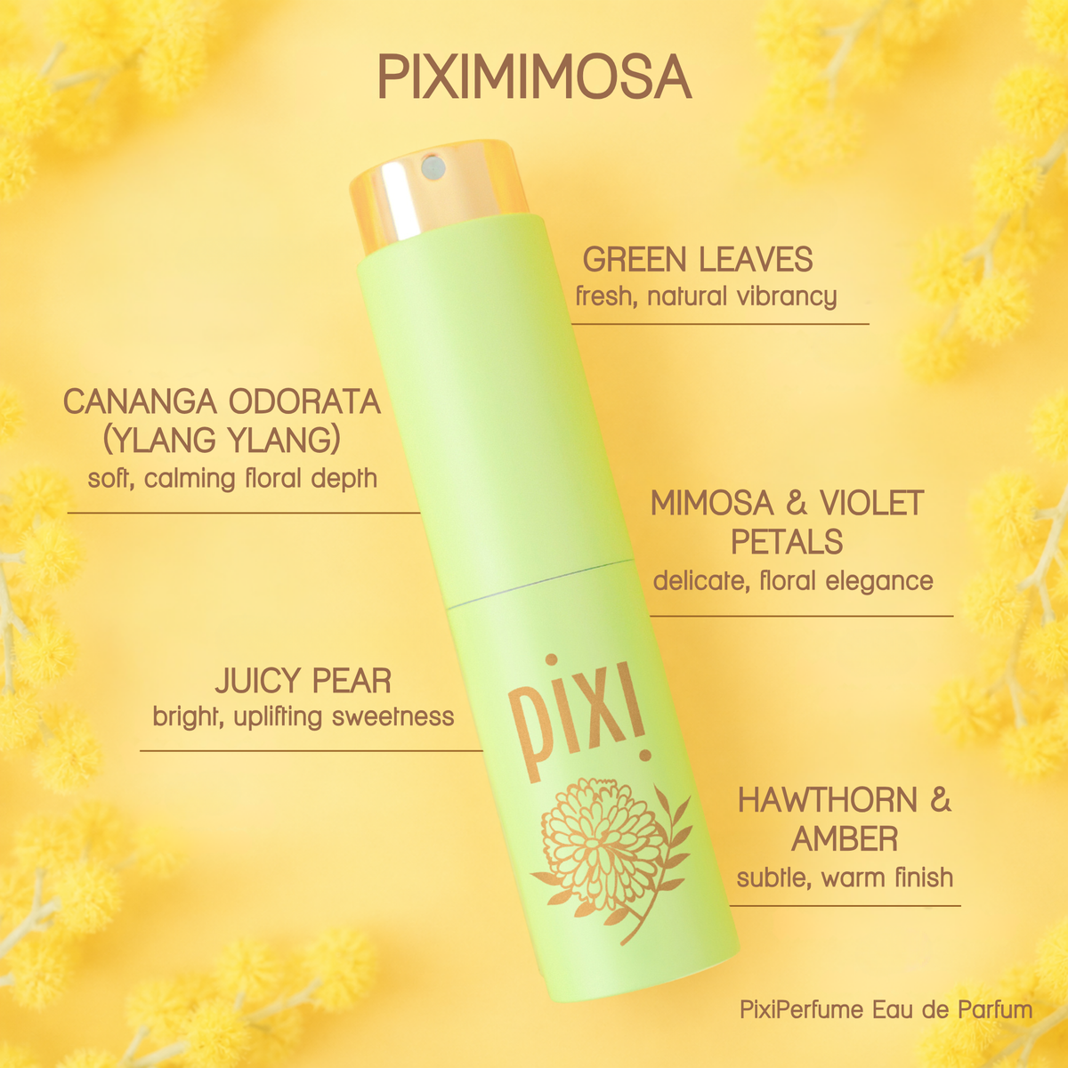 Piximimosa Eau de Parfum bottle in a light green shade with a gold cap, set against a bright yellow background decorated with yellow flowers and text detailing the scent notes.