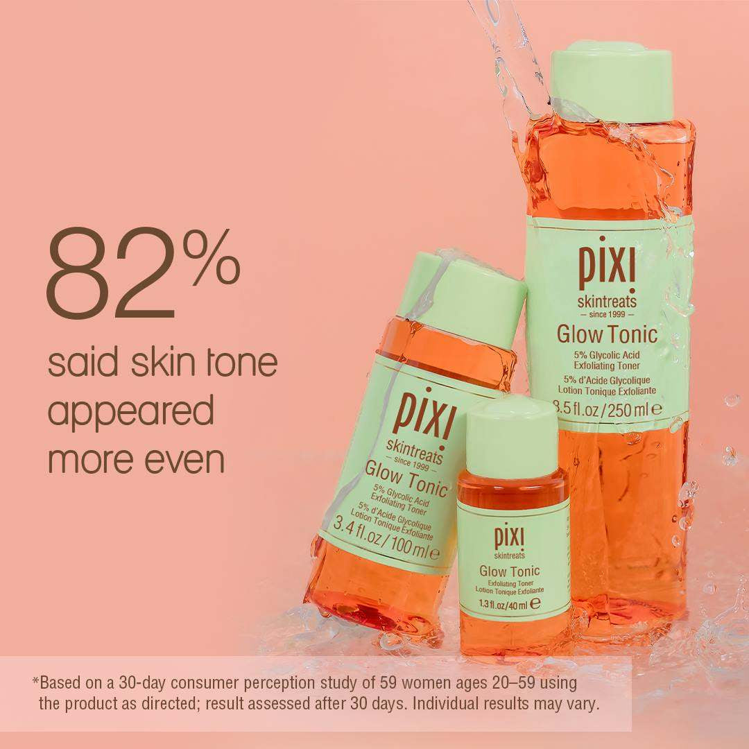 Three Pixi SkinTreats Glow Tonic bottles in varying sizes with orange liquid and mint green caps, set against a peach-pink background with water splash effects and marketing text.
Text stating '82% said skin tone appeared more even' and a small disclaimer at the bottom.

*Based on a 30-day consumer perception study of 59 women ages 20-59 using the product as directed; result assessed after 30 days. Individual