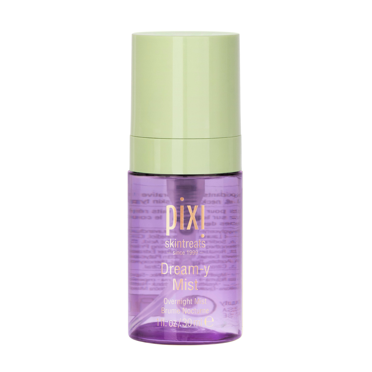 A bottle of Pixi Skintreats Dreamy Mist Overnight mist on a solid white background. The bottle is translucent purple with a light green cap.
